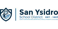 A blue outline crest with icons of a person reaching towards the sun. A vertical blue line and then the words San Ysidro over the words School District EST 1887 sponsor logo