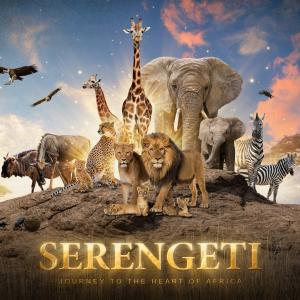 A composite image of Serengeti animals standing on a rock in front of a deep blue sky. The animals from front to back left to right are a lioness lion and cub, water buffalo, giraffes, elephants, zebras, and vultures in the sky. In the front bottom in glowing gold are the words Serengeti Journey to the Heart of Africa