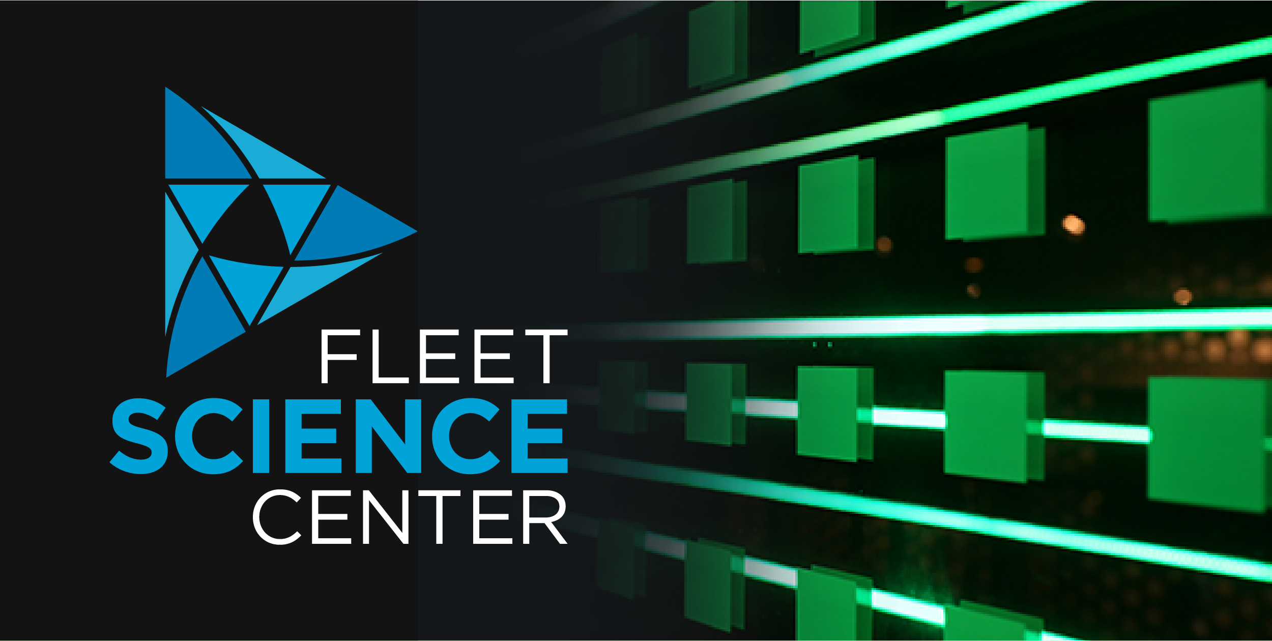 The blue fleet logo over a field of black that fades over to the right to expose green light lines on a glass wall.