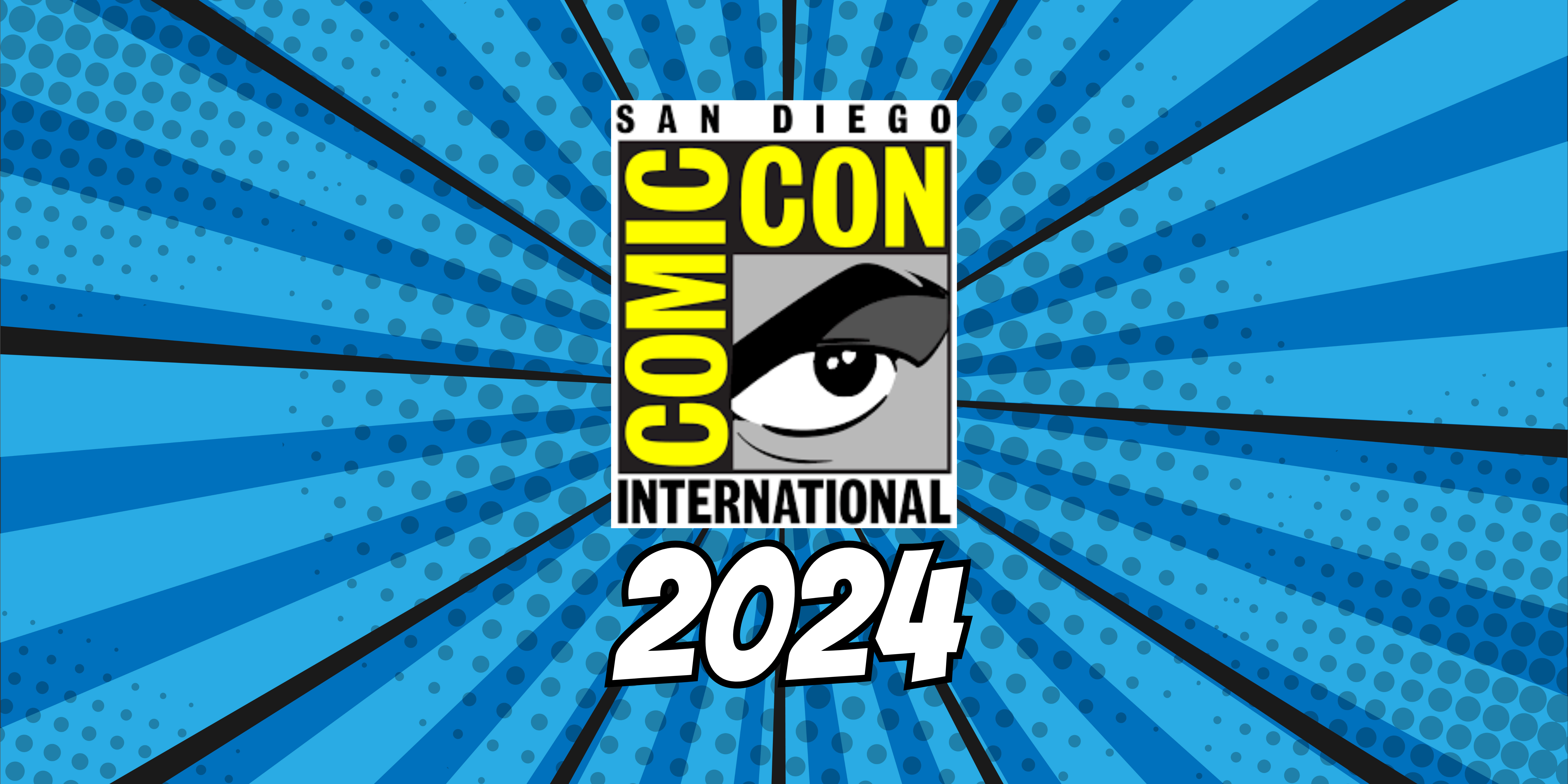 Comic-Con logo on a blue comic themed background