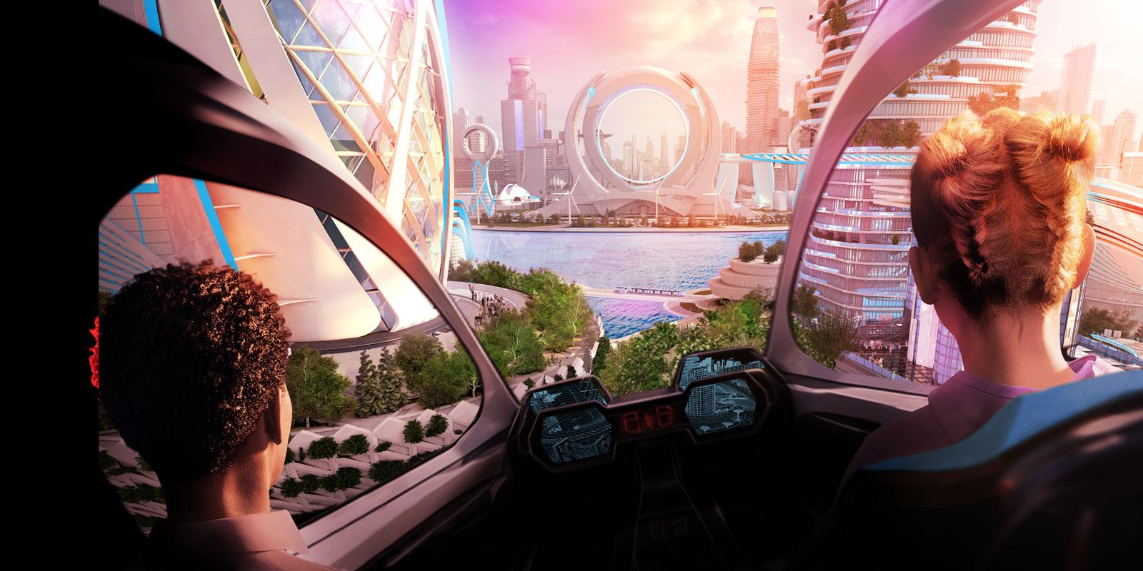 Cities of the Future. Image of a woman and a man overlooking a futuristic city through the window of a futuristic vehicle.