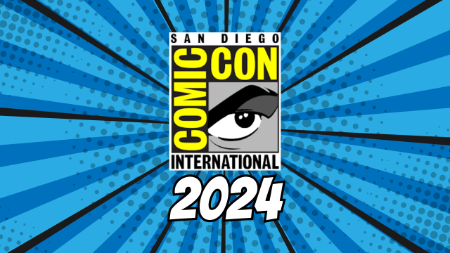 Comic-Con logo on a blue comic themed background