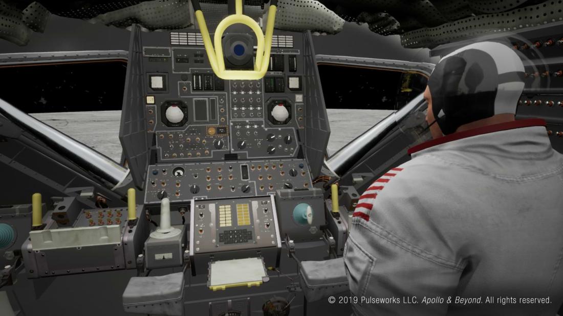 Simulation of a person inside a command area of a rocket ship wearing NASA astronaut suit and helmet.