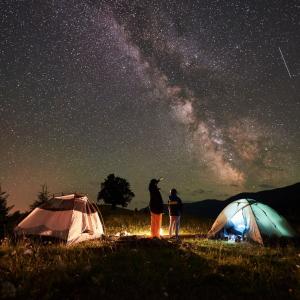 campers stargazing near their tents and fire