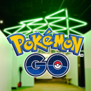 Pokemon Go logo in front of a neon light instillation at the Fleet Science center