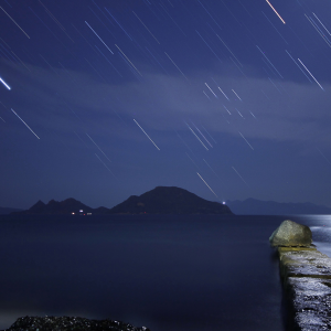Image of the Perseid meteor shower over the ocean in moonlight.