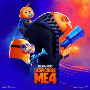 Despicable Me key art. Gru, carries a baby with a pacifier on his back. Next to him, a minion stands. Both hold weapons and looking dangerous while the baby looks on. The background colors are blue and orange.  