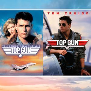 Top Gun. Different posters from the movie showing Tom Cruise on pilot gear.